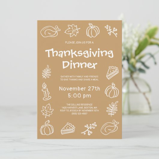Hand Drawn Brown Whimsical Thanksgiving Dinner Kaart (Staand voorkant)