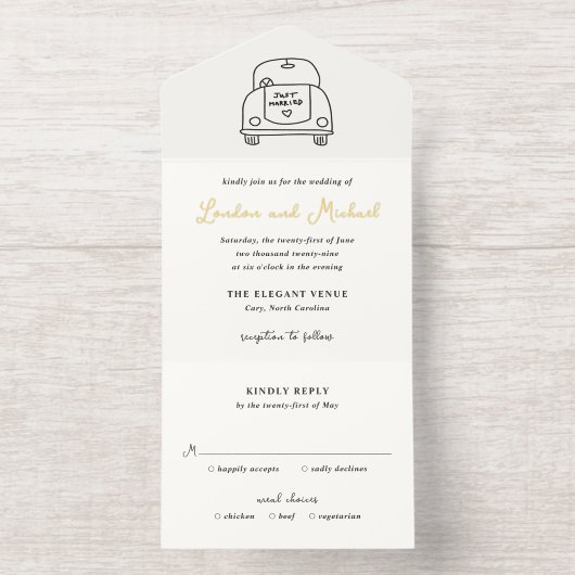 Hand Drawn Car Doodle Modern Wedding All In One Uitnodiging (Binnenkant)