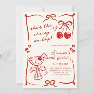 hand-drawn cherry martini birthday invitation kaart