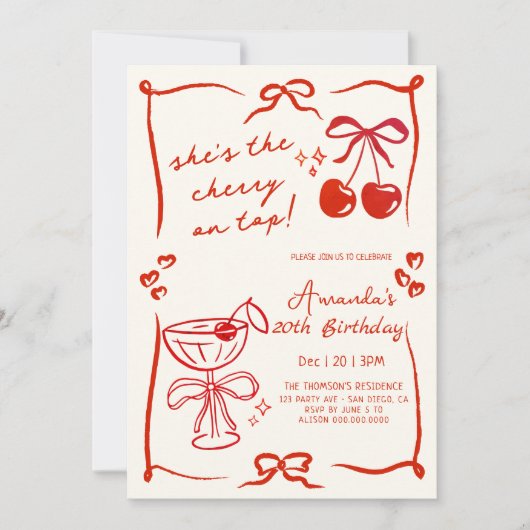 hand-drawn cherry martini birthday invitation kaart (Voorkant)