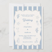 Hand drawn coastal beach dusty blue ivory wedding kaart (Voorkant)