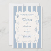 Hand drawn coastal beach dusty blue ivory wedding kaart (Voorkant)