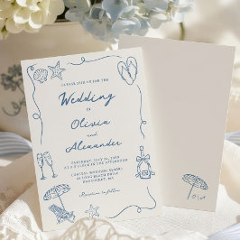 Hand Drawn Coastal Beach Dusty Blue Ivory Wedding Kaart