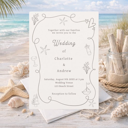 Hand drawn coastal beach taupe sand ivory wedding kaart