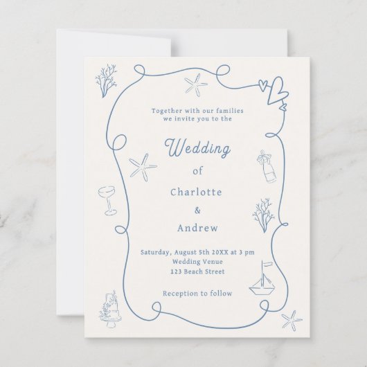 Hand drawn coastal blue ivory wedding invitation (Voorkant)