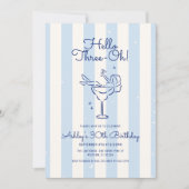 Hand Drawn Cocktail Hello Three-Oh! Striped 30th Kaart (Voorkant)