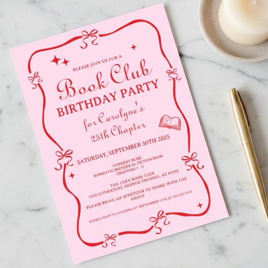 Hand Drawn Coquette Pink Red Book Club Invitation