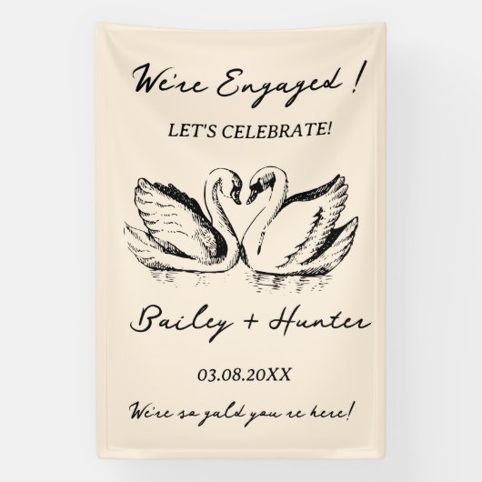 hand drawn Couple Swan Whimsical Wedding Spandoek (Verticaal)