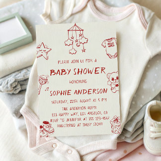 Hand Drawn Cute Red Doodle Baby Shower Kaart