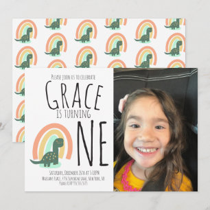 Hand Drawn Dinosaur Rainbow Birthday Party Foto I Kaart