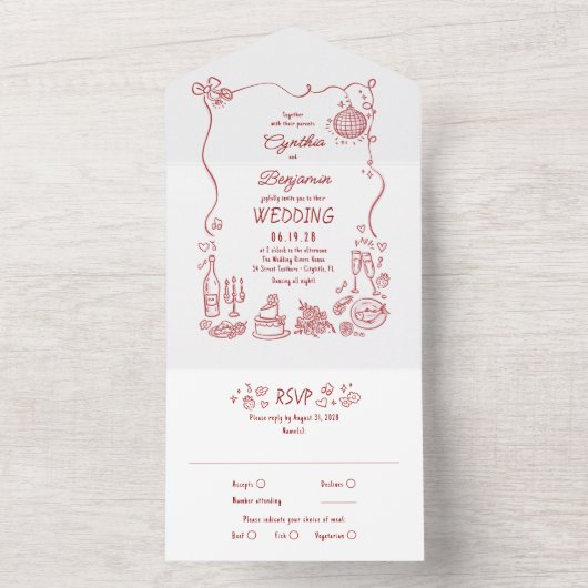 Hand Drawn Doodles Funky Quirky Modern Wedding All In One Uitnodiging (Binnen)