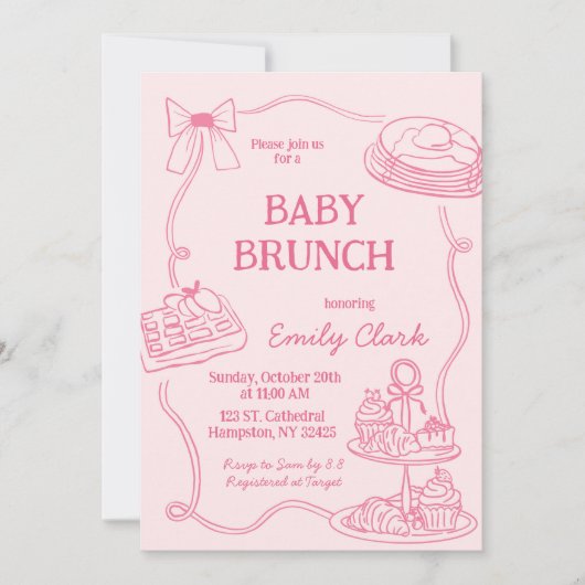 Hand Drawn Doodles Pink Baby Brunch Invitation (Devant)