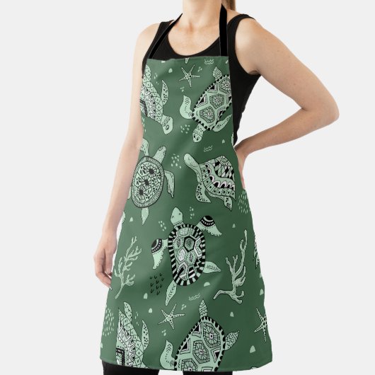 Hand drawn doodling sea turtle etnische pattern schort (Insitu)