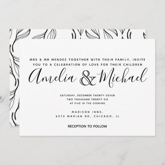 Hand Drawn Floral Greenery White Leaf Wedding Kaart (Voorkant / Achterkant)