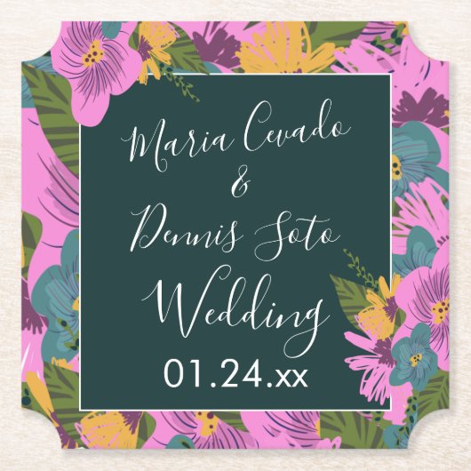 Hand Drawn Florals Wedding Bold Pink Greenery Kartonnen Onderzetters (Voorkant)