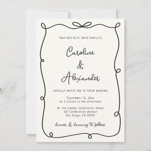 hand drawn frame with bow wedding invitation (Devant)