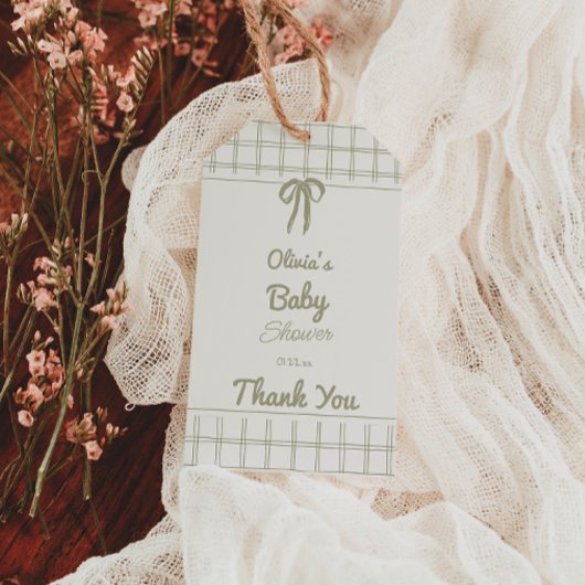 Hand Drawn Green Bow Gingham Neutral Baby Shower Cadeaulabel
