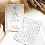 Hand Drawn Green Bow Gingham Neutral Baby Shower Kaart