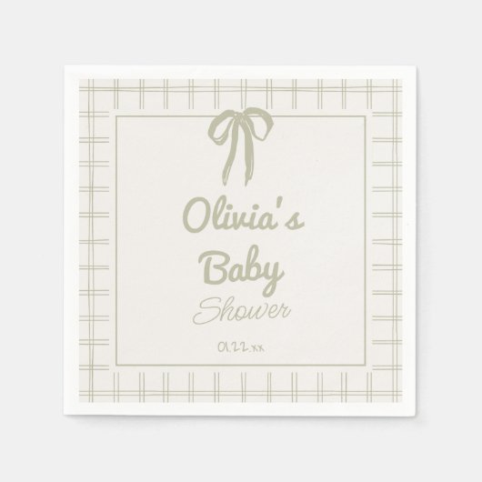 Hand Drawn Green Retro Gingham Bow Baby Shower Servet (Voorkant)
