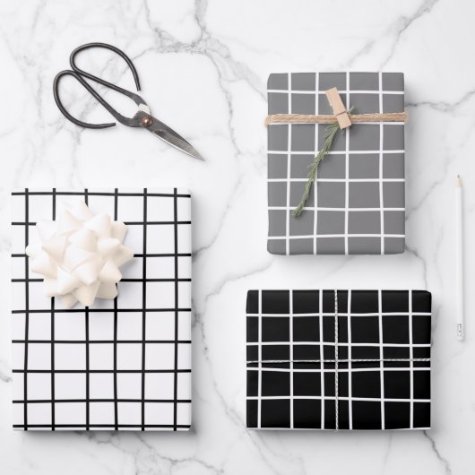 Hand Drawn Grid Pattern White Gray Black Inpakpapier Vel (Voorkant)