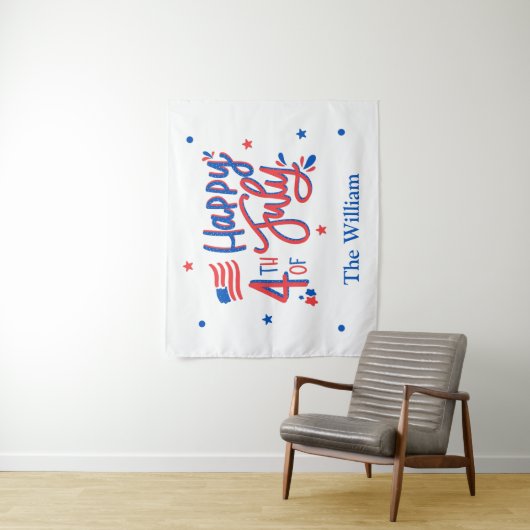 Hand Drawn Happy, 4 juli, rood wit en blauw Wandkleed (In situ)