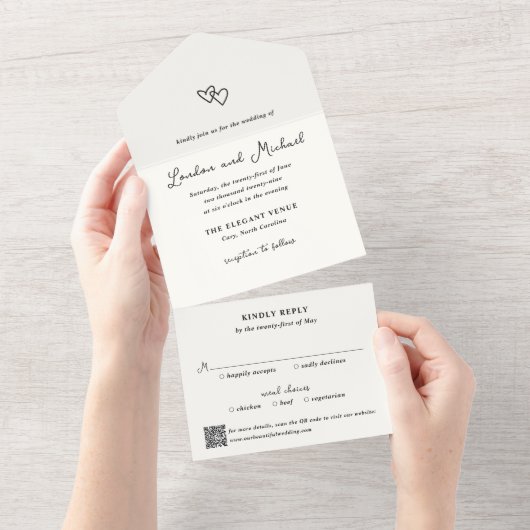 Hand Drawn Hearts Doodle QR Code Modern Wedding All In One Uitnodiging (Afscheurbaar)