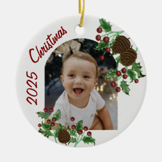 Hand Drawn Holly & Pinecones Christmas Photo Keramisch Ornament