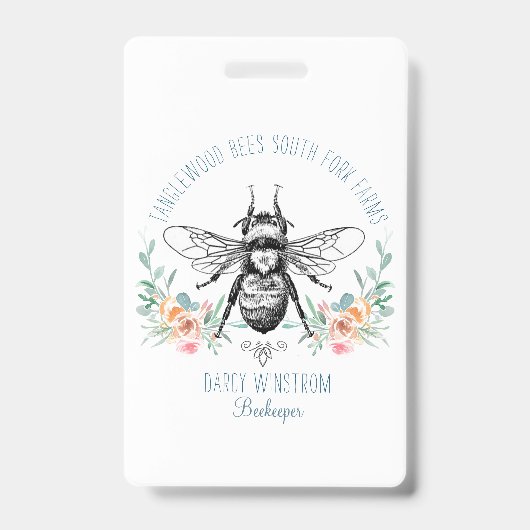 Hand Drawn Honey Bee Apiary Floral Badge (Voorkant)