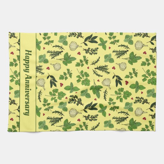 Hand Drawn Kitchen Herbs patterned Cream Theedoek (Horizontaal)