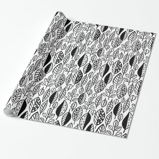 Hand Drawn Leaf Pattern Black ID495 Cadeaupapier (Uitgerold)