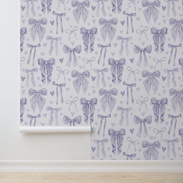 Hand-Drawn Lilac Bows on a Soft Light Background Behang (Applicatie)