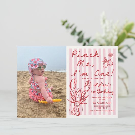 Hand Drawn Lobster 1st Birthday Photo Invitation Kaart (Staand voorkant)