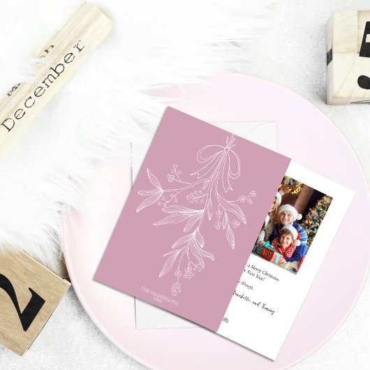 Hand Drawn Mistletoe & Bow Christmas Pink Feestdagenkaart
