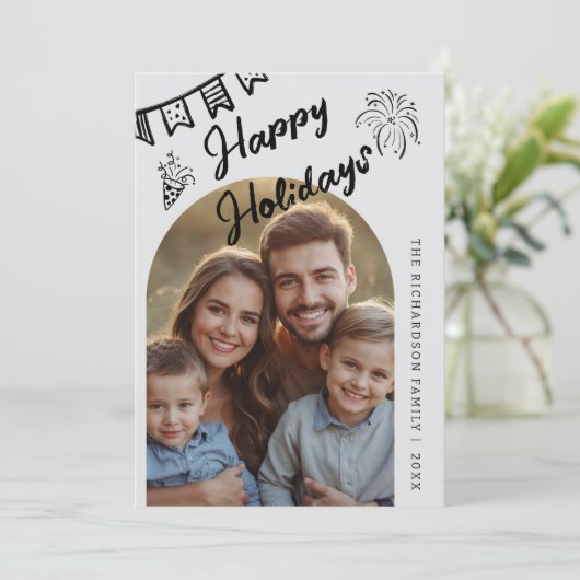Hand Drawn Modern Happy Holidays Arch Photo Feestdagenkaart (Staand voorkant)