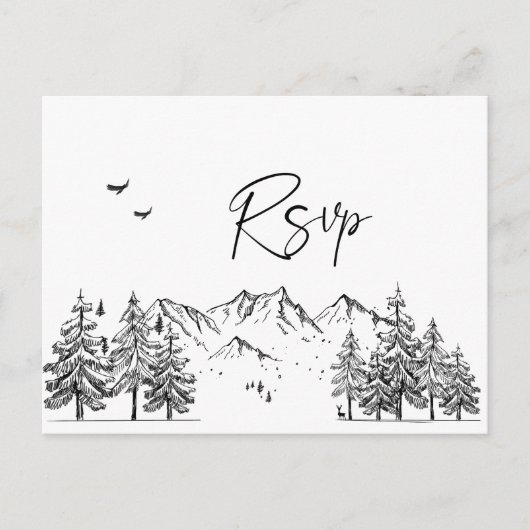 Hand Drawn Mountains Forest Wedding RSVP Briefkaart (Voorkant)