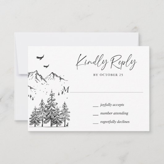 Hand Drawn Mountains Forest Wedding RSVP Kaartje (Voorkant)