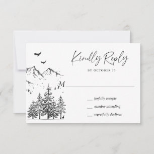 Hand Drawn Mountains Forest Wedding RSVP Kaartje