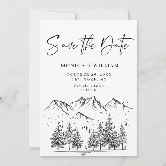 Hand Drawn Mountains Forest Wedding Save The Date (Voorkant)