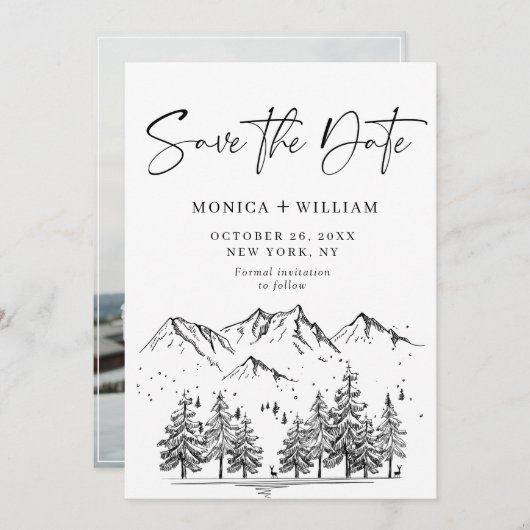 Hand Drawn Mountains Forest Wedding Save The Date (Voorkant / Achterkant)
