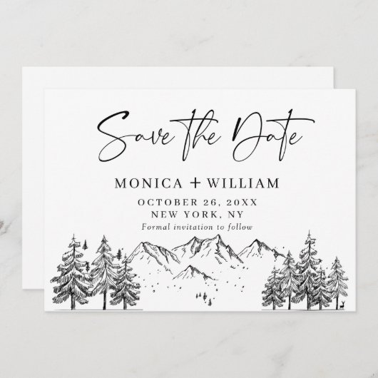 Hand Drawn Mountains Forest Wedding Save The Date (Voorkant / Achterkant)