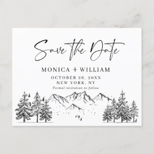 Hand Drawn Mountains Forest Wedding Save the Date Aankondigingskaart
