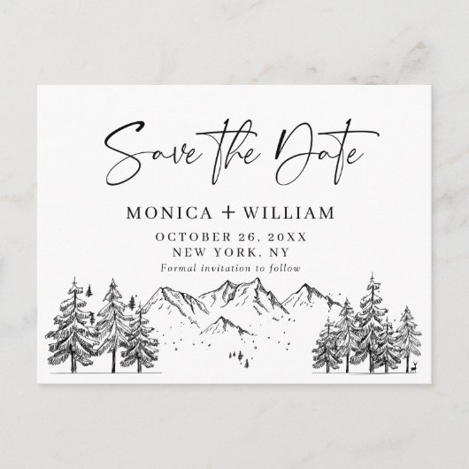 Hand Drawn Mountains Forest Wedding Save the Date Aankondigingskaart (Voorkant)