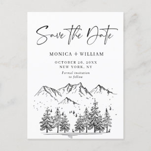 Hand Drawn Mountains Forest Wedding Save the Date Aankondigingskaart