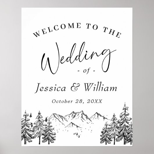 Hand Drawn Mountains Forest Weduwde Welcome Poster (Voorkant)