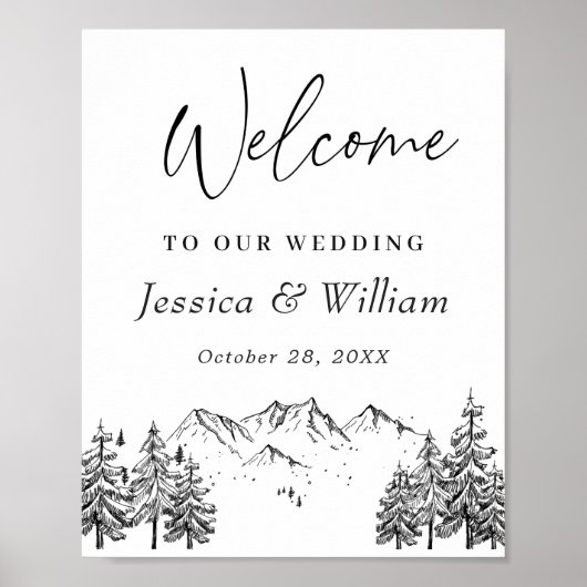 Hand Drawn Mountains Forest Weduwde Welcome Poster (Voorkant)