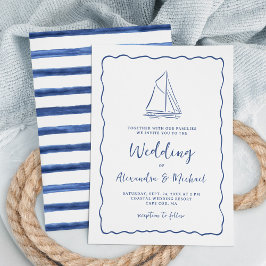 Hand Drawn Nautical Sailboat Navy Blue Wedding Kaart