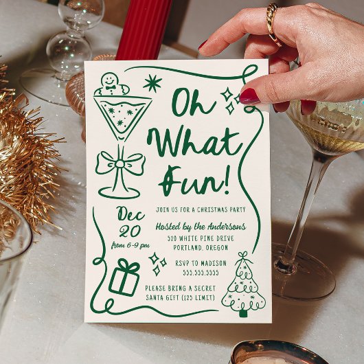 Hand-Drawn Oh What Fun Green Christmas Party Kaart