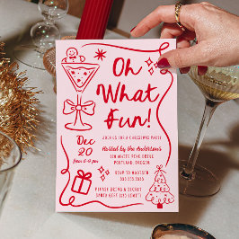 Hand-Drawn Oh What Fun Pink Red Christmas Party Kaart