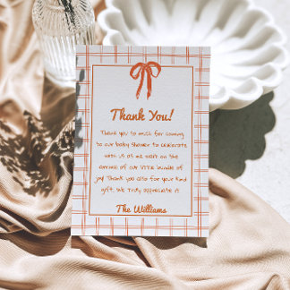 Hand Drawn Orange Gingham Bow Neutral Baby Shower  Bedankkaart