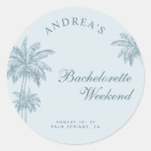 Hand Drawn Palm Tree Dusty Blue Bachelorette Favor Ronde Sticker (Voorkant)
